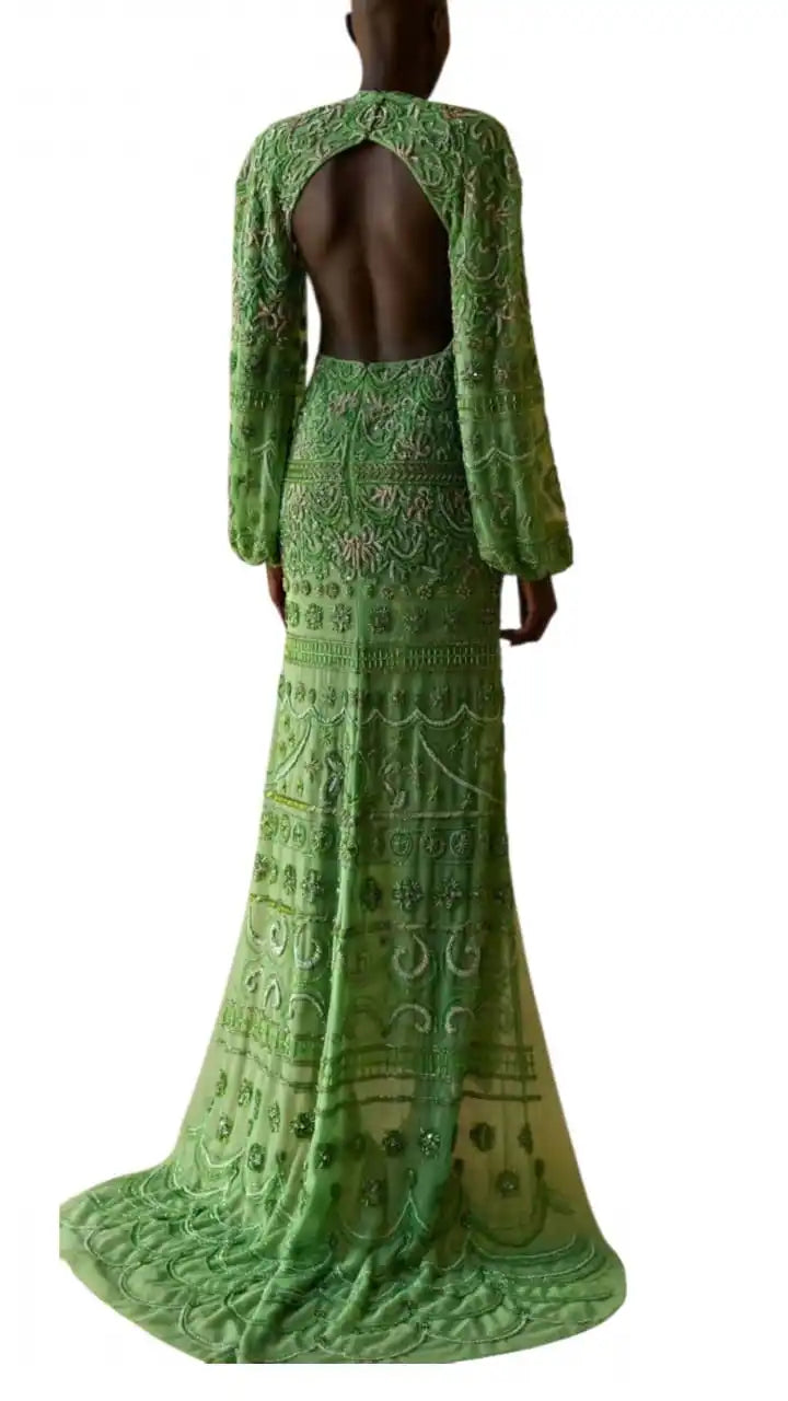 Elegant Plus Size Floor-Length Long Sleeve Lace Sequined Rhinestone Embroidery V-neck Empire Waist Luxury Evening Partywear