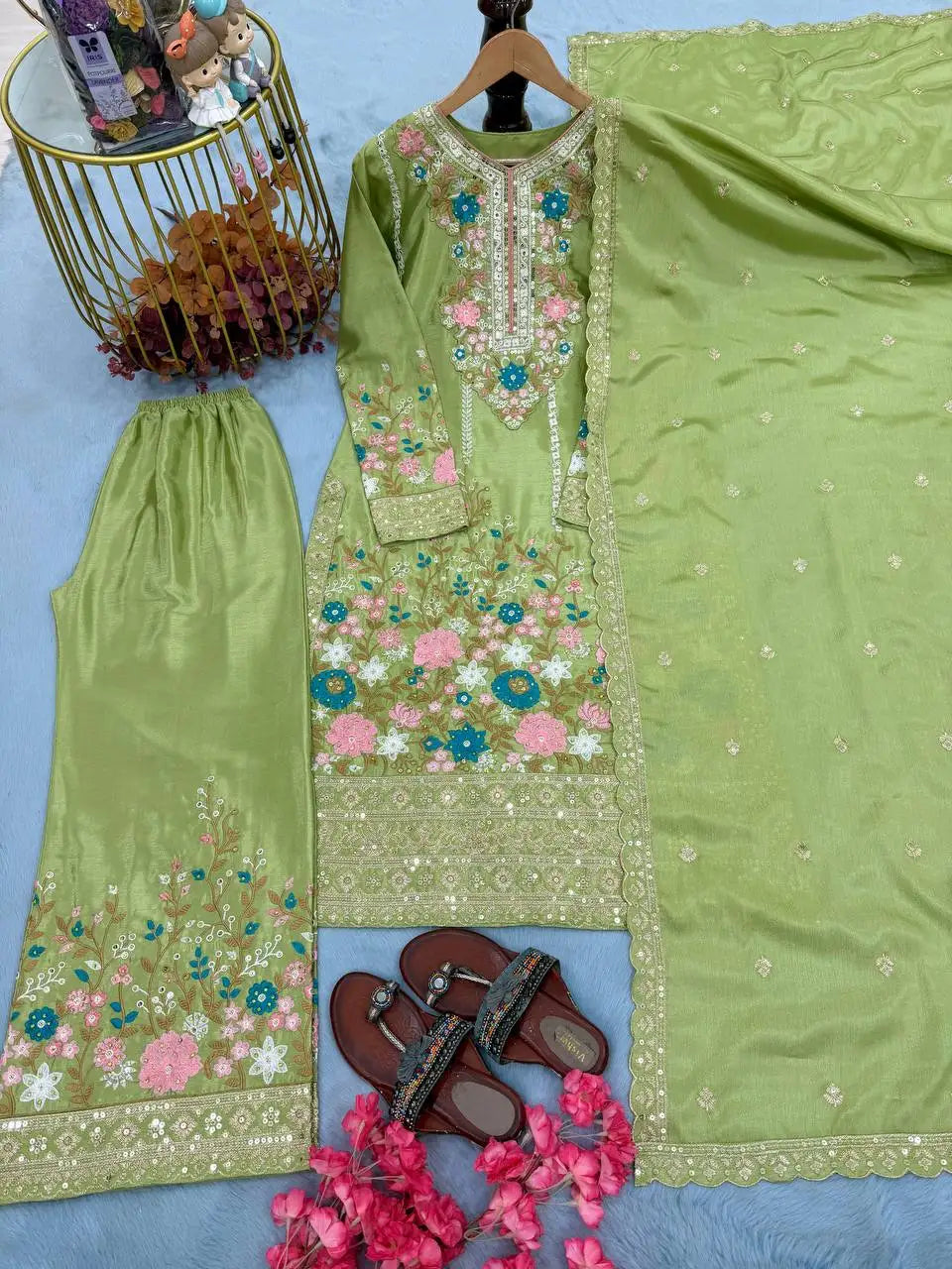 Floral Satin Heavy Viscose Silk Embroidery A-Line Floor-Length Hand Washable High-quality Women's Evening Dress Indian Pakistani