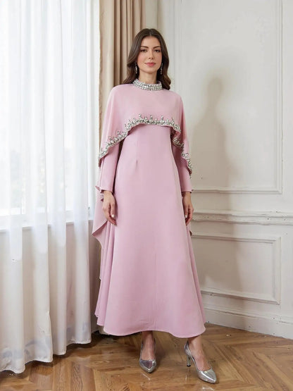 Luxury Beaded Abaya Kaftan for Women Long Sleeve Round Neck Floor Length Modest Dress for Eid Ramadan Party