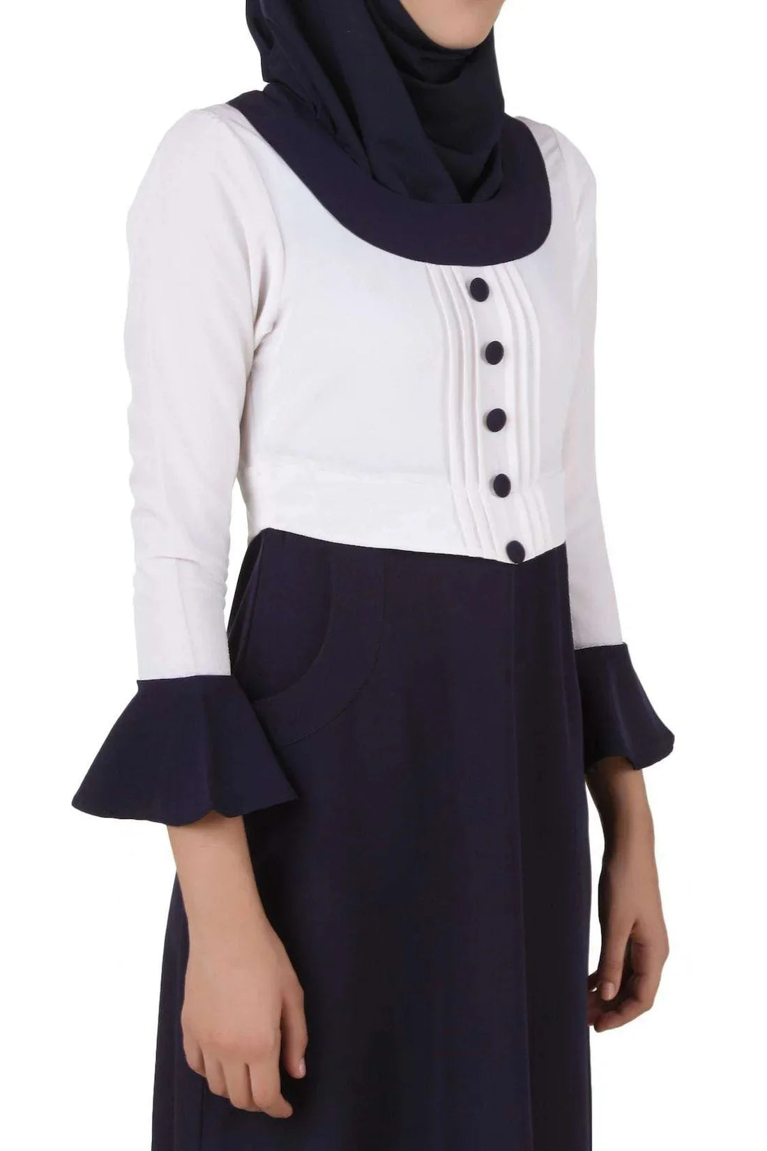 Navy Muslim Maxi Dress Long Sleeve Ruffle Hem Hooded Abaya Casual Wear