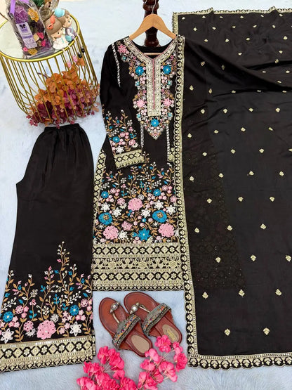 Floral Satin Heavy Viscose Silk Embroidery A-Line Floor-Length Hand Washable High-quality Women's Evening Dress Indian Pakistani