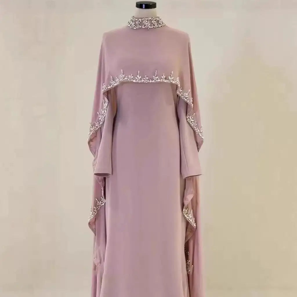 Luxury Beaded Abaya Kaftan for Women Long Sleeve Round Neck Floor Length Modest Dress for Eid Ramadan Party