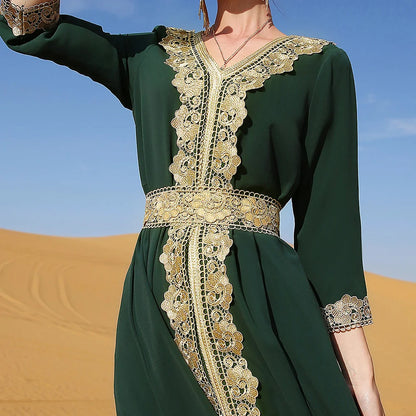 Muslim Women's Beaded Solid Polyester Abaya Dress Modest Ankle-Length Long Sleeve Party Wear
