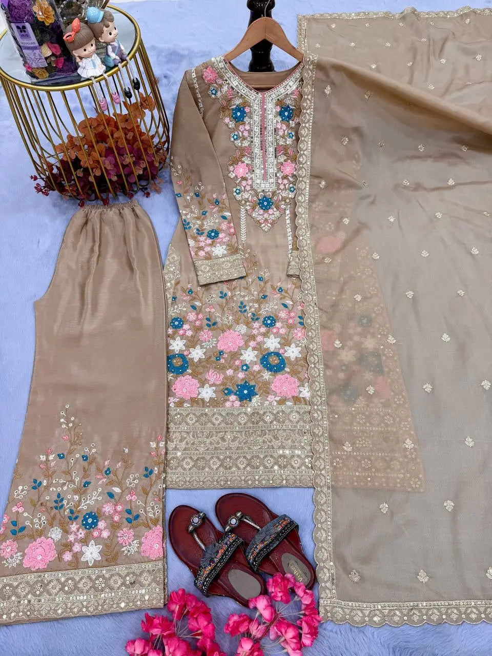 Floral Satin Heavy Viscose Silk Embroidery A-Line Floor-Length Hand Washable High-quality Women's Evening Dress Indian Pakistani