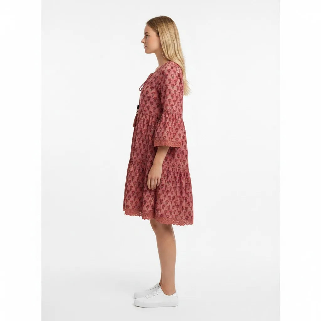 Sweet Natural Waist Floral Digital Printed Cotton Maxi Dress Long Sleeve V-neck for Party Wear