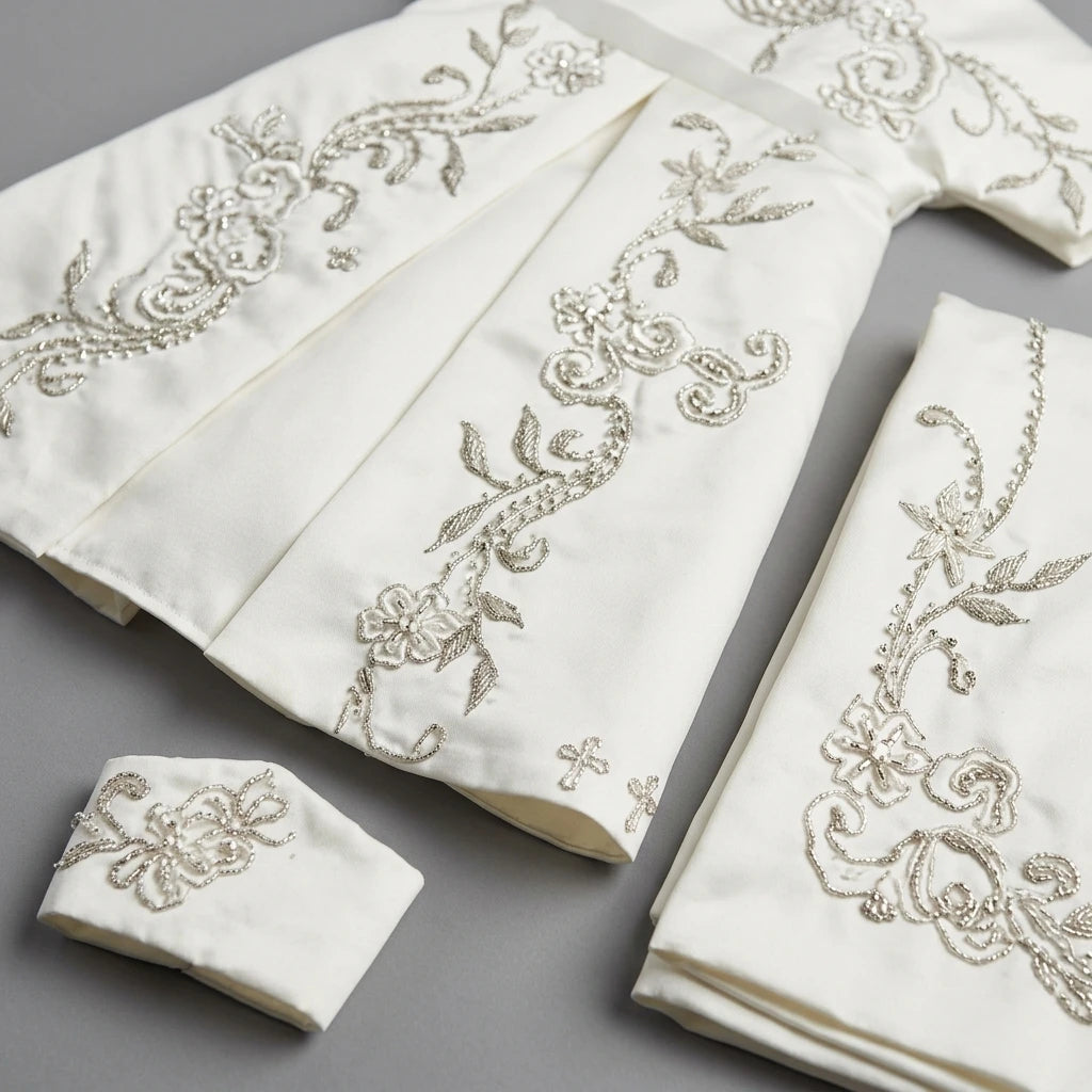 Luxury Hand Embroidered Elegant Solid Linen Wedding Gown Set for Women Short Sleeve Ceremony Outfit Shawl Bonnet