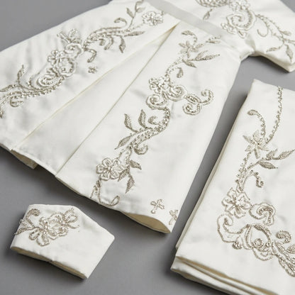 Luxury Hand Embroidered Elegant Solid Linen Wedding Gown Set for Women Short Sleeve Ceremony Outfit Shawl Bonnet