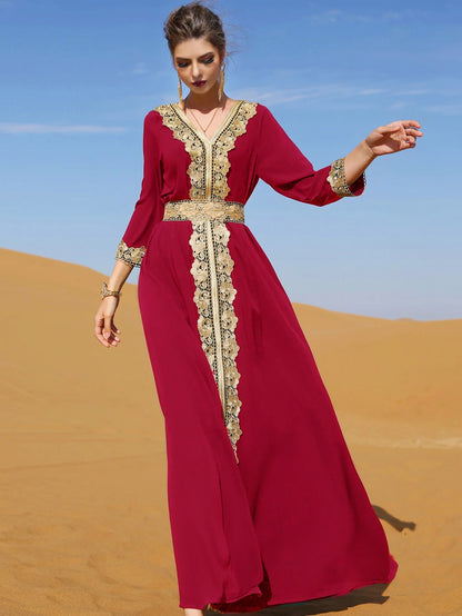 Muslim Women's Beaded Solid Polyester Abaya Dress Modest Ankle-Length Long Sleeve Party Wear