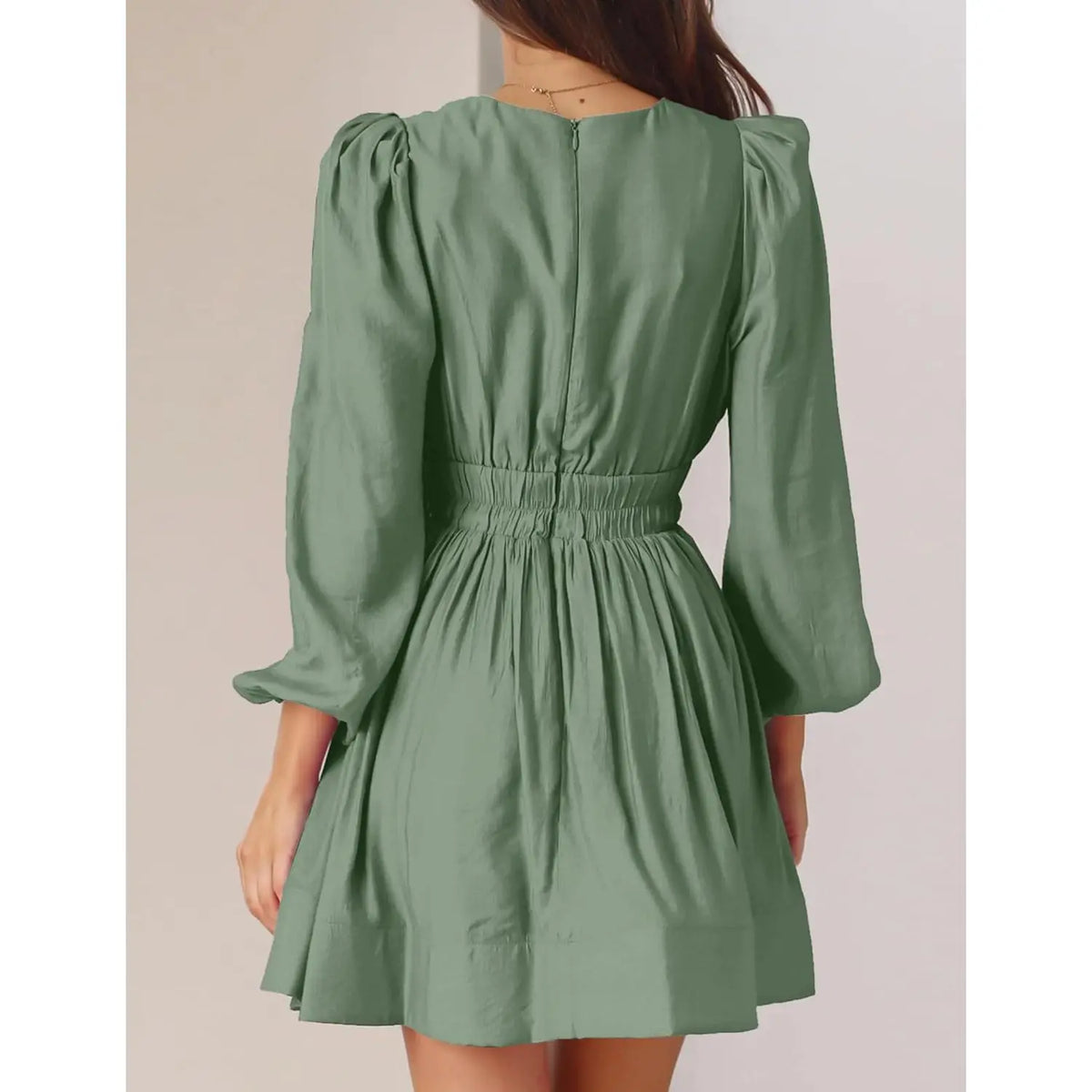 2025 Mini A-Line High Waisted Casual Flowy Dress for Women Deep V Sexy Long Sleeve Dress Office Lady Style Short Dress