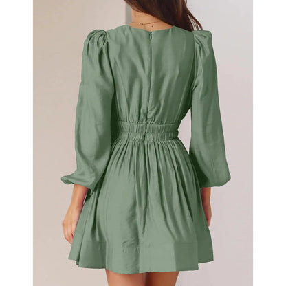 2025 Mini A-Line High Waisted Casual Flowy Dress for Women Deep V Sexy Long Sleeve Dress Office Lady Style Short Dress