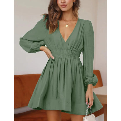 2025 Mini A-Line High Waisted Casual Flowy Dress for Women Deep V Sexy Long Sleeve Dress Office Lady Style Short Dress