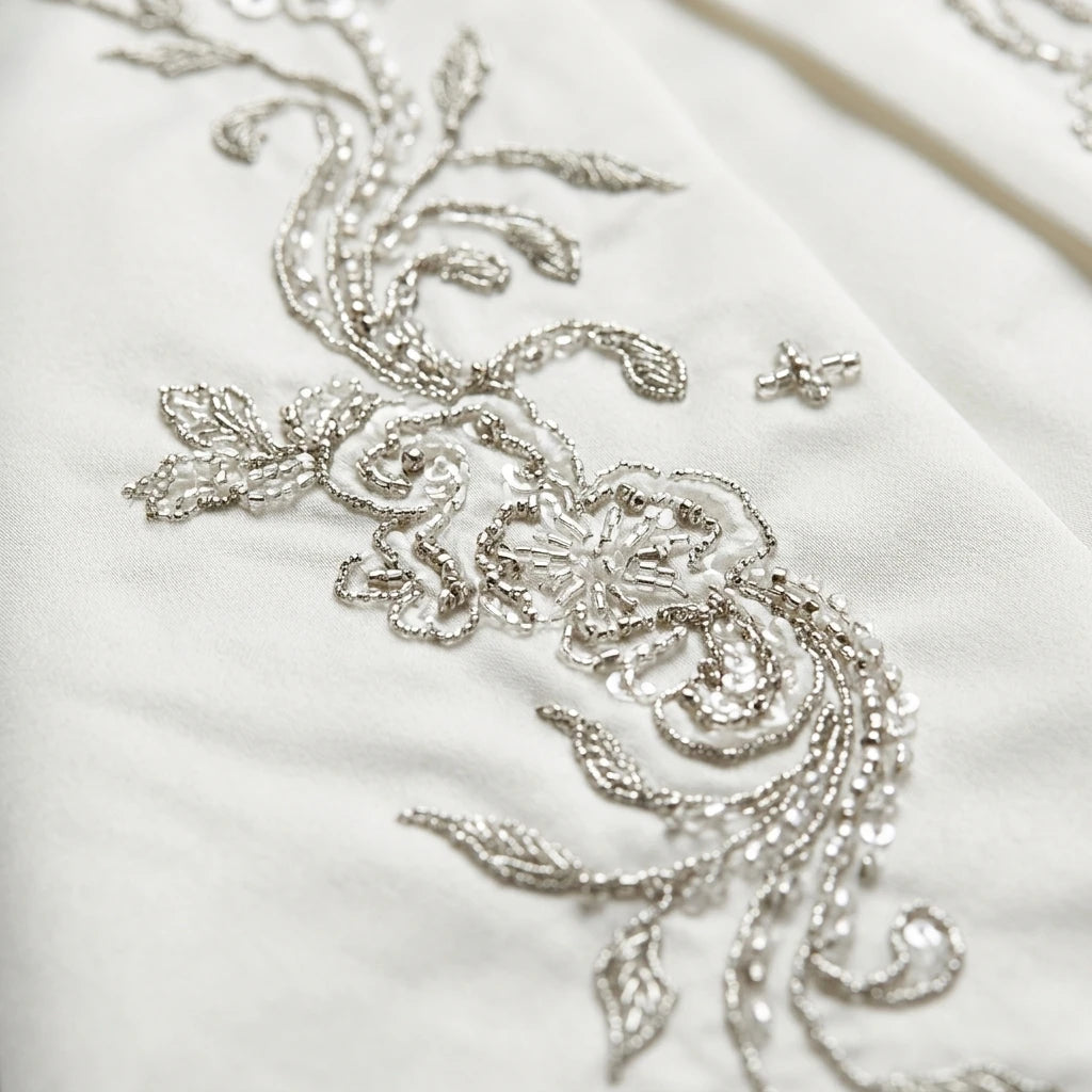 Luxury Hand Embroidered Elegant Solid Linen Wedding Gown Set for Women Short Sleeve Ceremony Outfit Shawl Bonnet