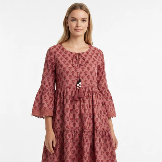 Sweet Natural Waist Floral Digital Printed Cotton Maxi Dress Long Sleeve V-neck for Party Wear