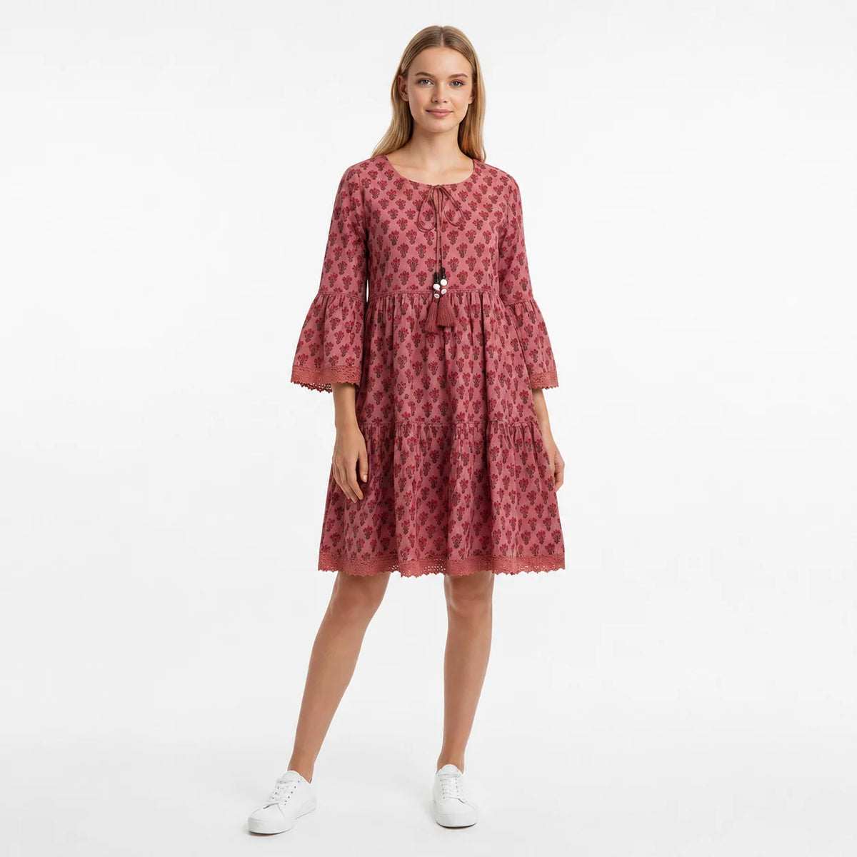 Sweet Natural Waist Floral Digital Printed Cotton Maxi Dress Long Sleeve V-neck for Party Wear