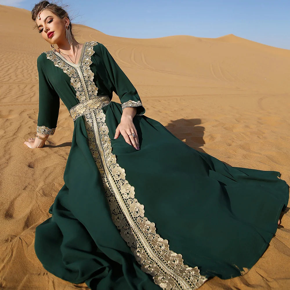 Muslim Women's Beaded Solid Polyester Abaya Dress Modest Ankle-Length Long Sleeve Party Wear