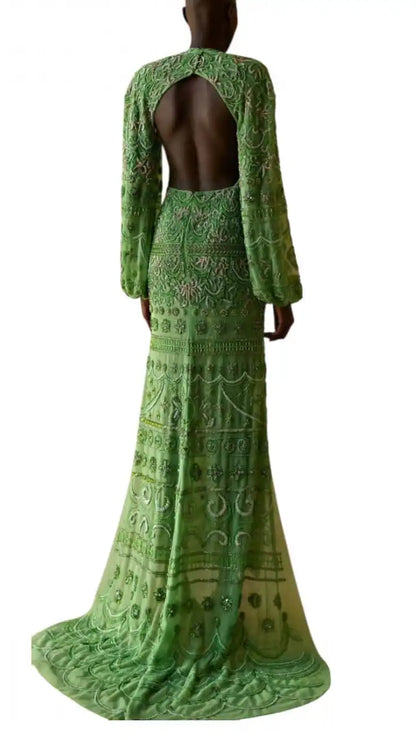 Elegant Plus Size Floor-Length Long Sleeve Lace Sequined Rhinestone Embroidery V-neck Empire Waist Luxury Evening Partywear