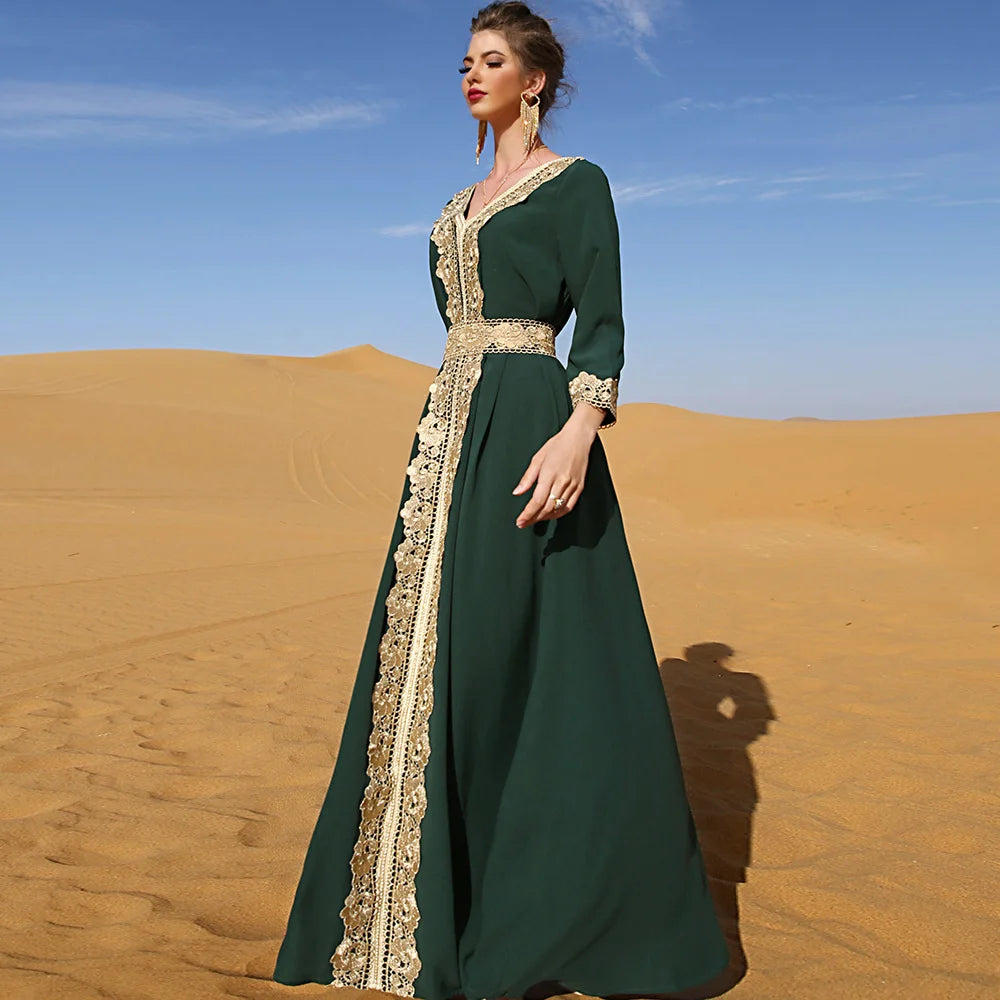 Muslim Women's Beaded Solid Polyester Abaya Dress Modest Ankle-Length Long Sleeve Party Wear