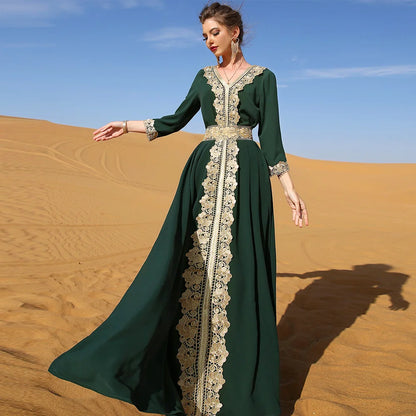 Muslim Women's Beaded Solid Polyester Abaya Dress Modest Ankle-Length Long Sleeve Party Wear