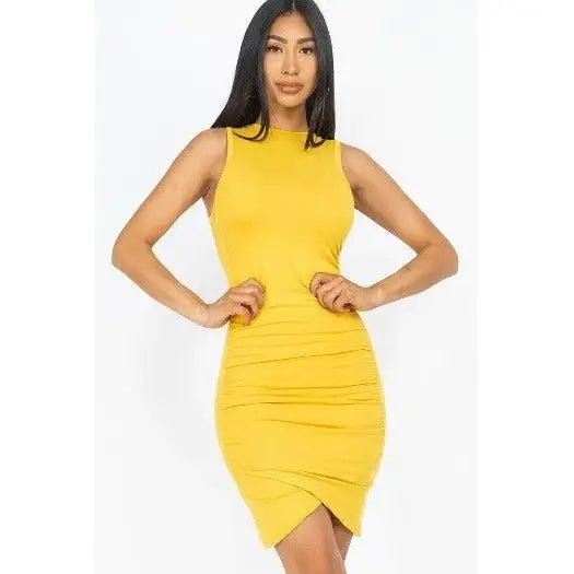 Sleeveless Shirred Bodycon Mini Dress Casual Stretch Knit in Mustard White Coral