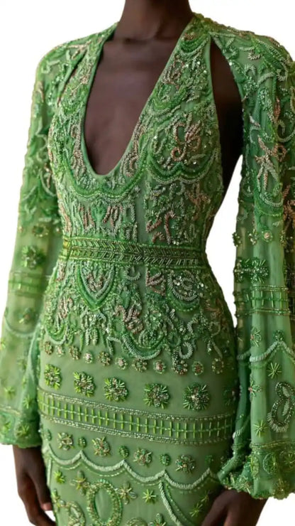 Elegant Plus Size Floor-Length Long Sleeve Lace Sequined Rhinestone Embroidery V-neck Empire Waist Luxury Evening Partywear