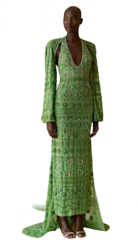 Elegant Plus Size Floor-Length Long Sleeve Lace Sequined Rhinestone Embroidery V-neck Empire Waist Luxury Evening Partywear