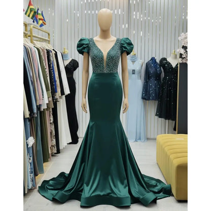 Best Selling Women Satin Mermaid Gown Elegant Regular Vintage Asymmetrical Embroidery Floor Length Party Dress Formal Events Use