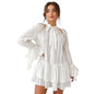 Elegant White Lace Stripe Ruffle Mini Dress with High Neck Bow Tie, Long Bishop Sleeves, Breathable Fit Summer Women Mini Dress