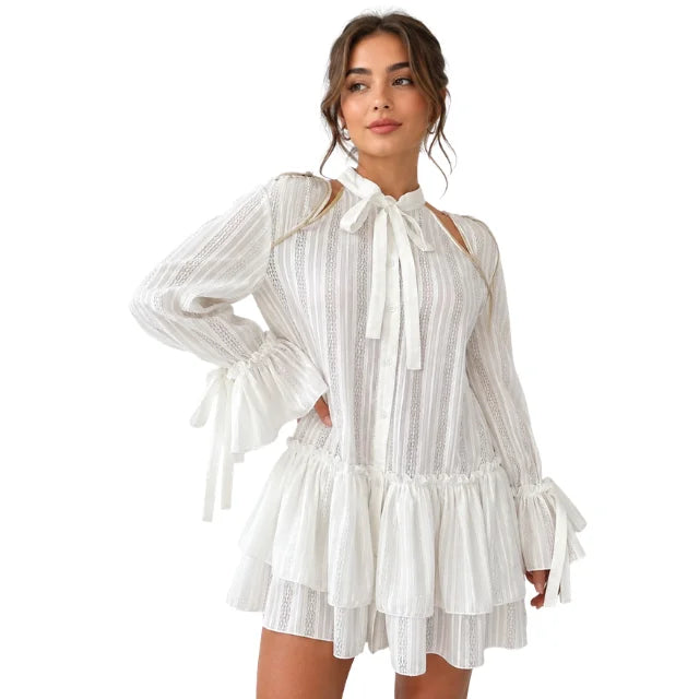 Elegant White Lace Stripe Ruffle Mini Dress with High Neck Bow Tie, Long Bishop Sleeves, Breathable Fit Summer Women Mini Dress