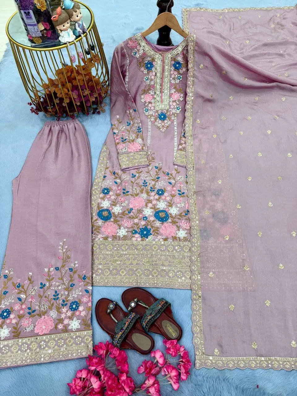 Floral Satin Heavy Viscose Silk Embroidery A-Line Floor-Length Hand Washable High-quality Women's Evening Dress Indian Pakistani