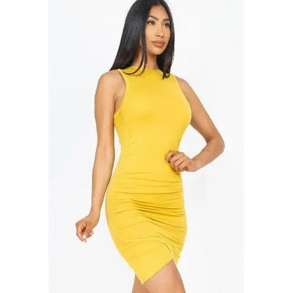 Sleeveless Shirred Bodycon Mini Dress Casual Stretch Knit in Mustard White Coral