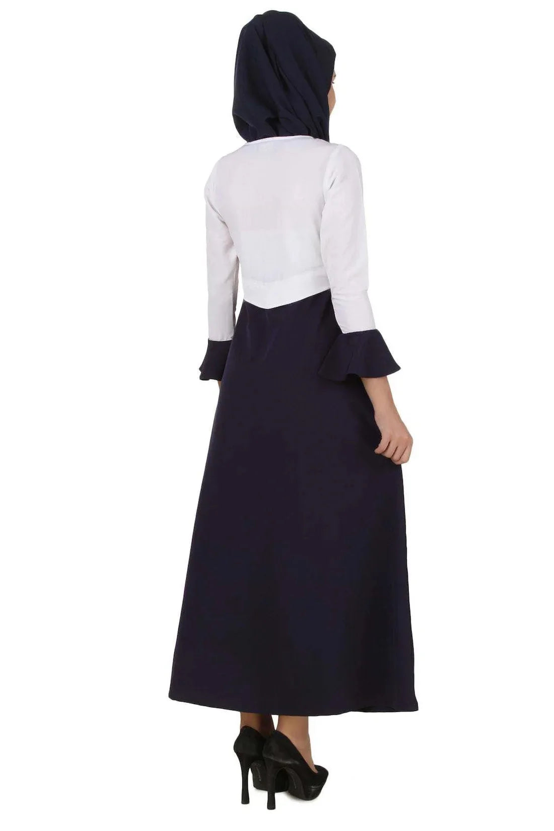 Navy Muslim Maxi Dress Long Sleeve Ruffle Hem Hooded Abaya Casual Wear