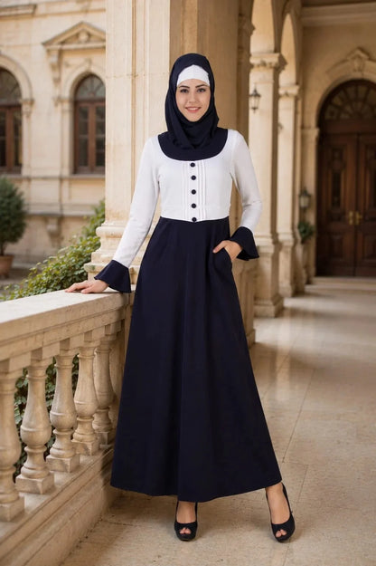 Navy Muslim Maxi Dress Long Sleeve Ruffle Hem Hooded Abaya Casual Wear
