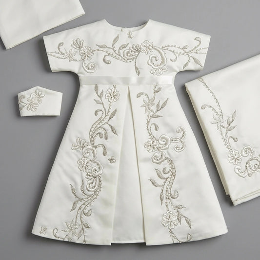 Luxury Hand Embroidered Elegant Solid Linen Wedding Gown Set for Women Short Sleeve Ceremony Outfit Shawl Bonnet